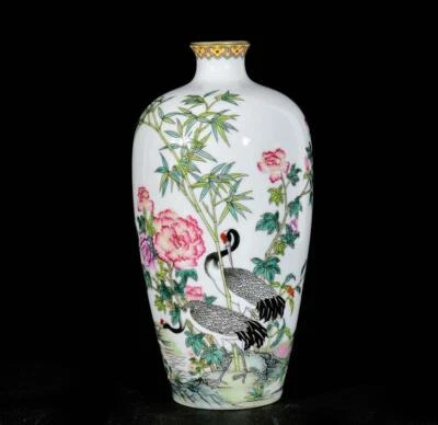 Pair Yongzheng Signed Old Chinese Colour Enamel Vase W/bird N3331