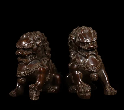 Pair Old Chinese Copper Statue w/lion N4214