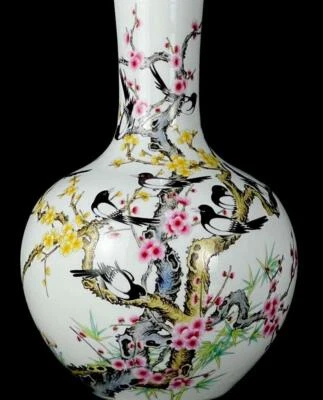 33CM Qianlong Signed Old Chinese Famille Rose Vase W/bird N239