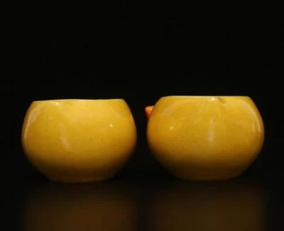 Pair Qianlong Signed Antique Chinese Yellow Glaze Cup W/peach
