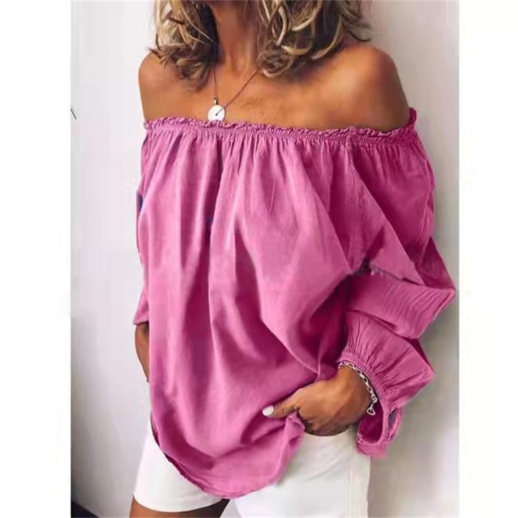 Elastic pleated cotton and linen long-sleeved Off shoulder shirt