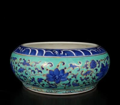 Qianlong Signed Old Chinese Blue and White Brush Washer W/flower N1520