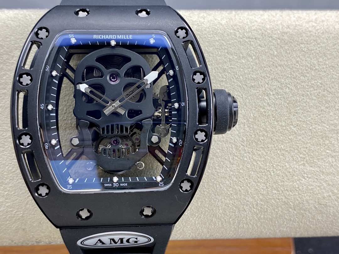 【7A Quality】Swiss Richard Mille RM 052 Replica Watch – Skeleton Tourbillon, Skull Face, Black Rubber Strap, AAAAA Quality