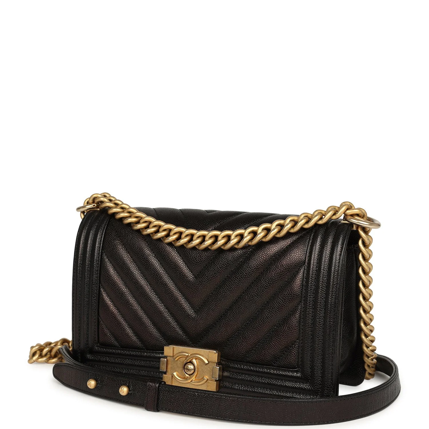 Chanel Medium Chevron Boy Bag Black Caviar Antique Gold Hardware