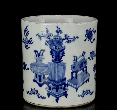 Kangxi Signed Old Chinese Blue and White Brush Pot W/flower N1108