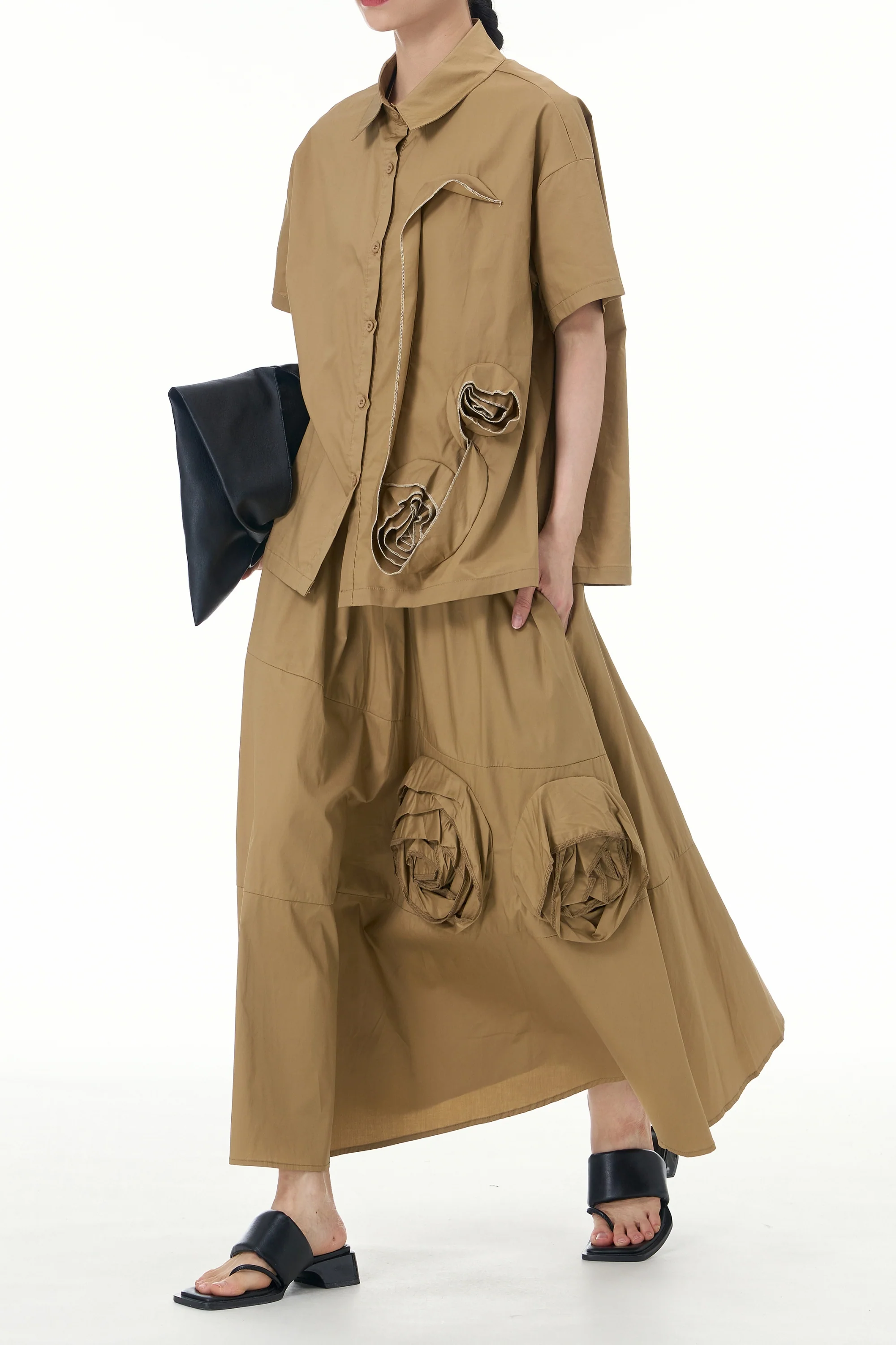 Caramel Skirt Coord Set With Textured Flower