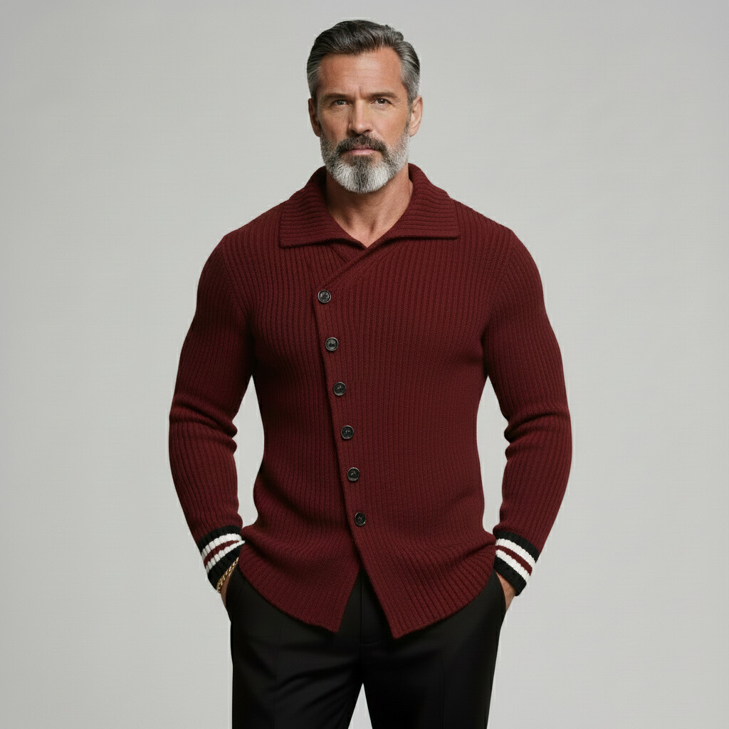 Men's Casual Burgundy Shirt Collar Asymmetric Button Contrast Cuffs Long Sleeve Knit Cardigans