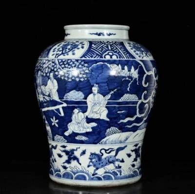 53CM Kaiyuansi Signed Chinese Yellow Glaze Blue and White Lid Pot W/figure N3175