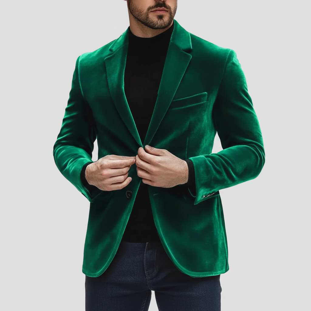 Men's Evening Blue Notch Lapel One Button Long Sleeve Velvet Blazer