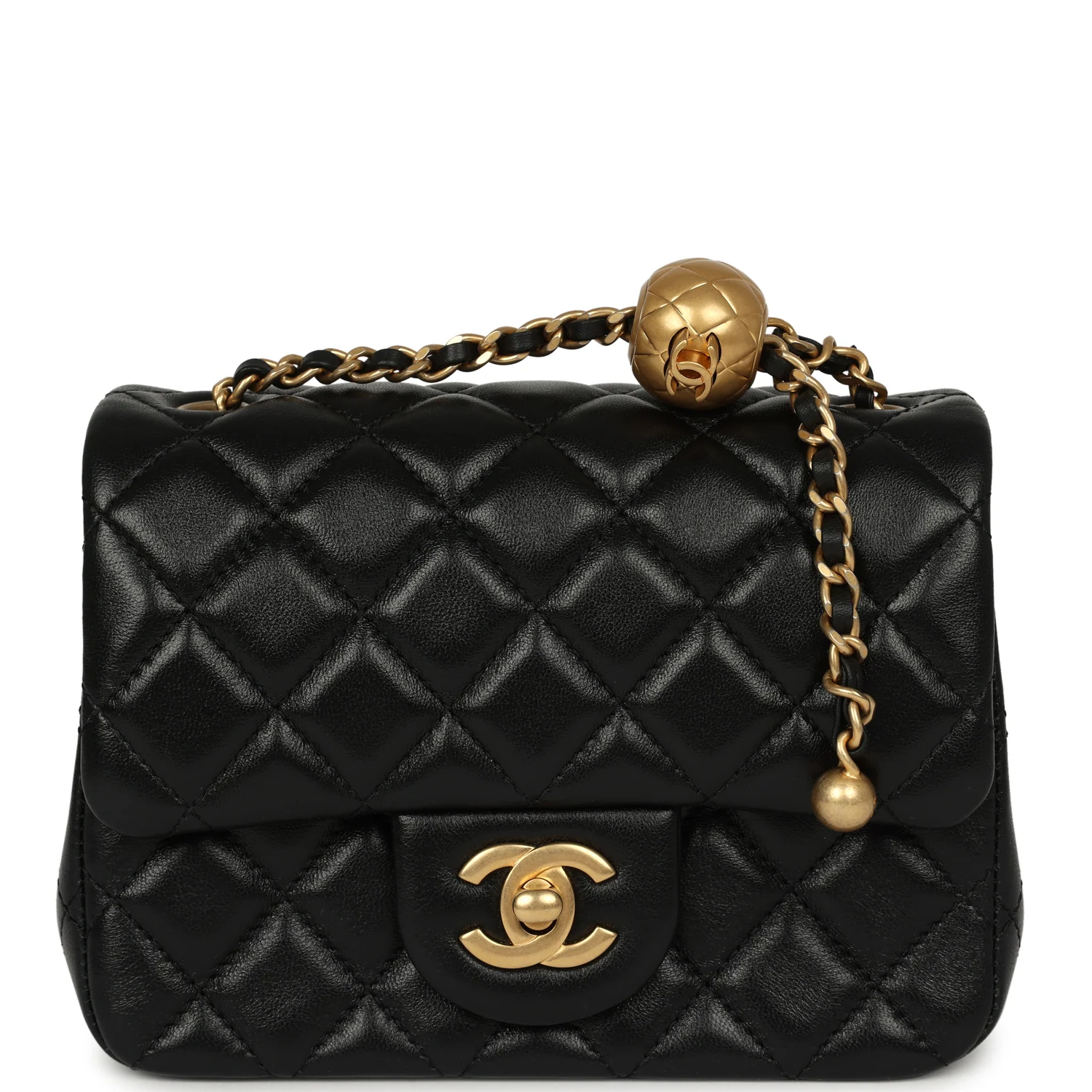 CHANEL Mini Square Pearl Crush Flap Bag Black Lambskin Antique Gold Hardware