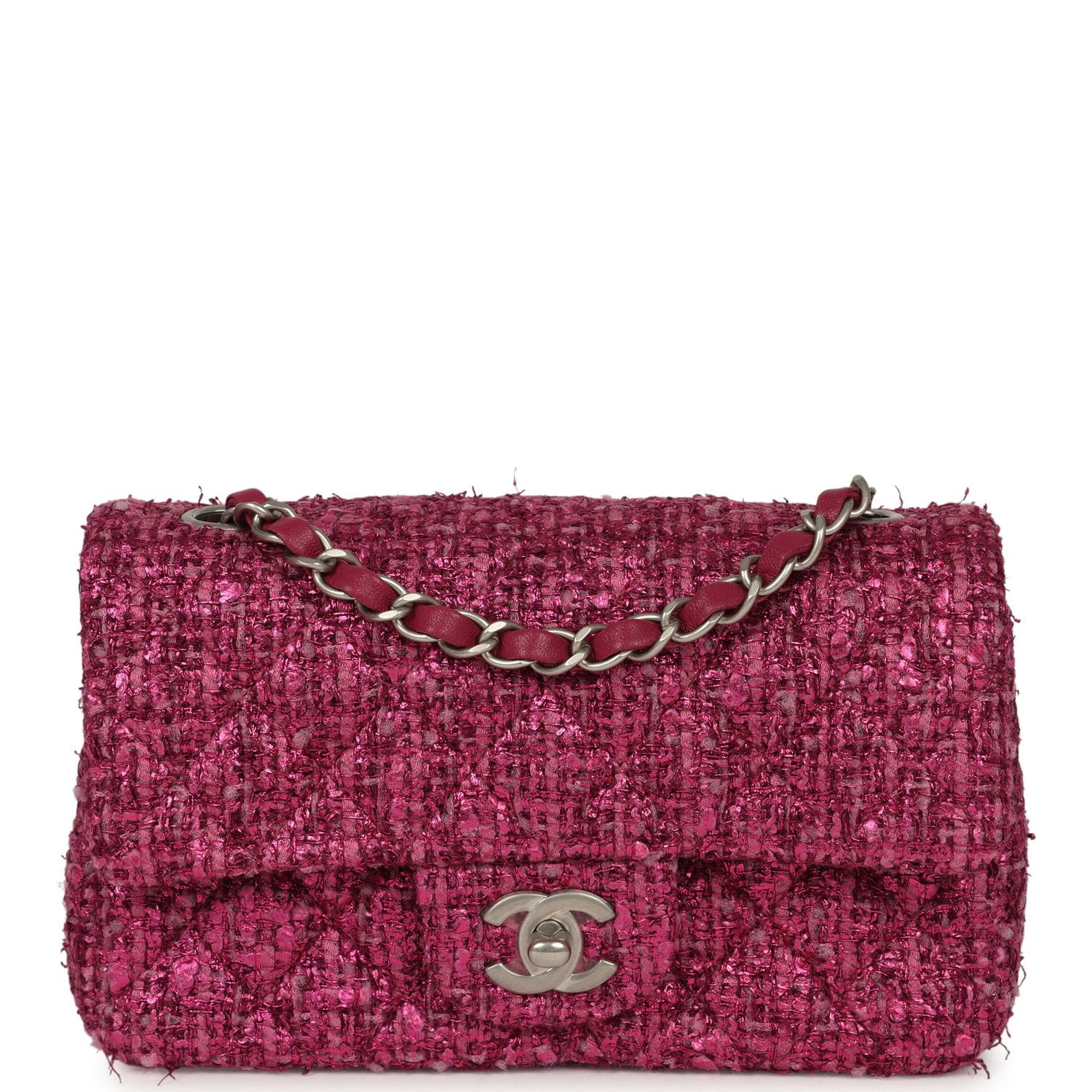 CHANEL Mini Rectangular Flap Bag Dark Pink Metallic Tweed Bouclé Brushed Silver Hardware