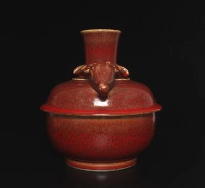 25CM Kangxi Singed Chinese Red Glaze Yaobian Glaze Porcelain Vase w/ deer