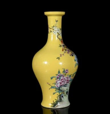 37CM Qianlong Signed Old Chinese Famille Rose Vase W/bird N3411