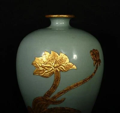 27CM Zhenghe Signed Old Chinese Ru Yao Ru Kiln Vase w/flower N3000