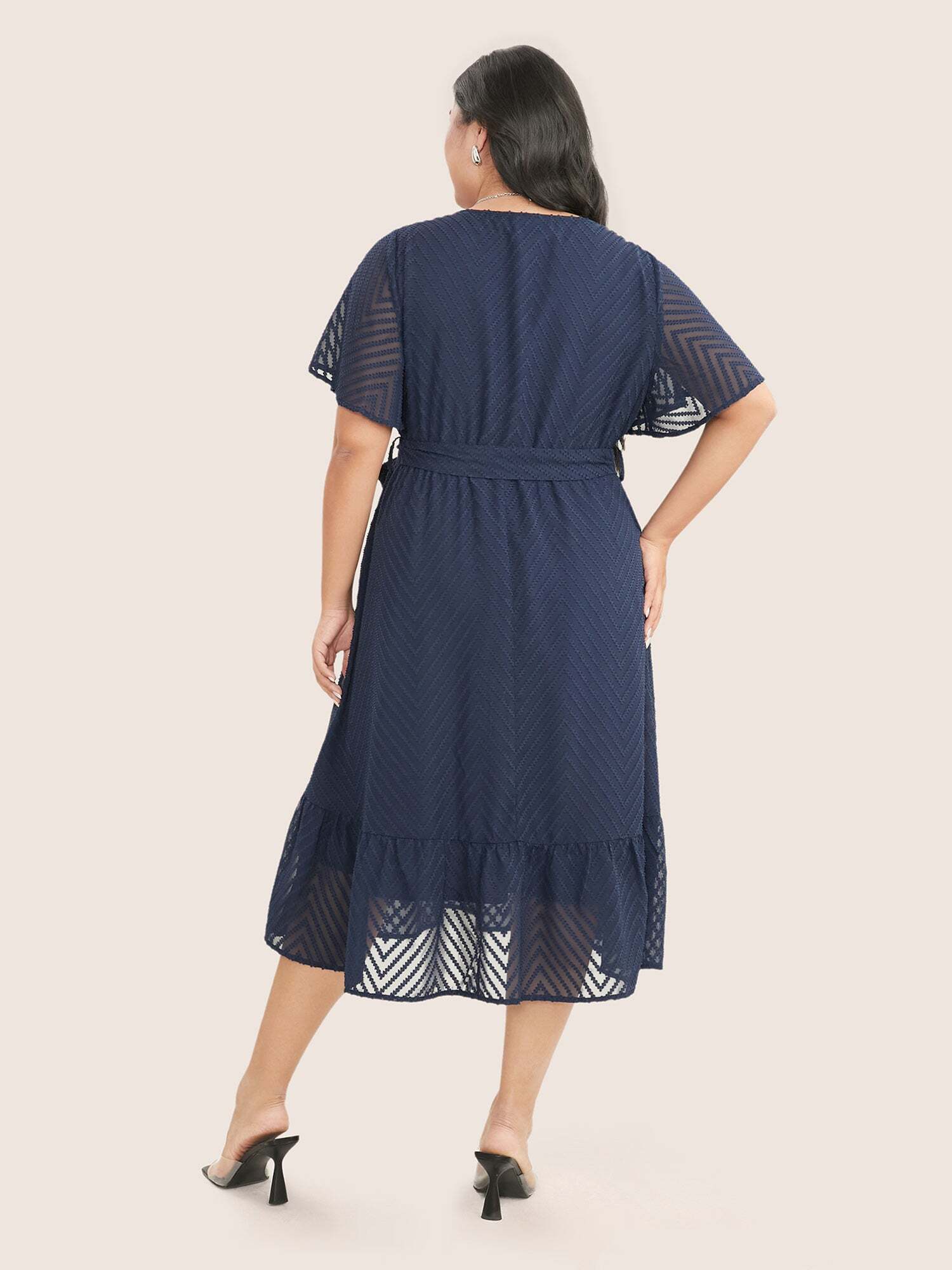 Plain Geometric Pocket Mesh Ruffle Sleeve Belted Wrap Dress