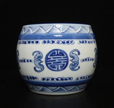 Old Signed Antique Chinese Blue & White Porcelain Pot w/ bat