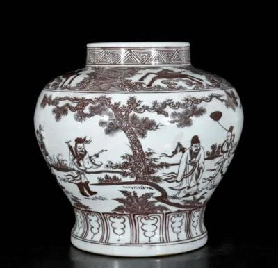 31CM Tianshun Singed Old Chinese Underglaze Red Pot W/figure N3596