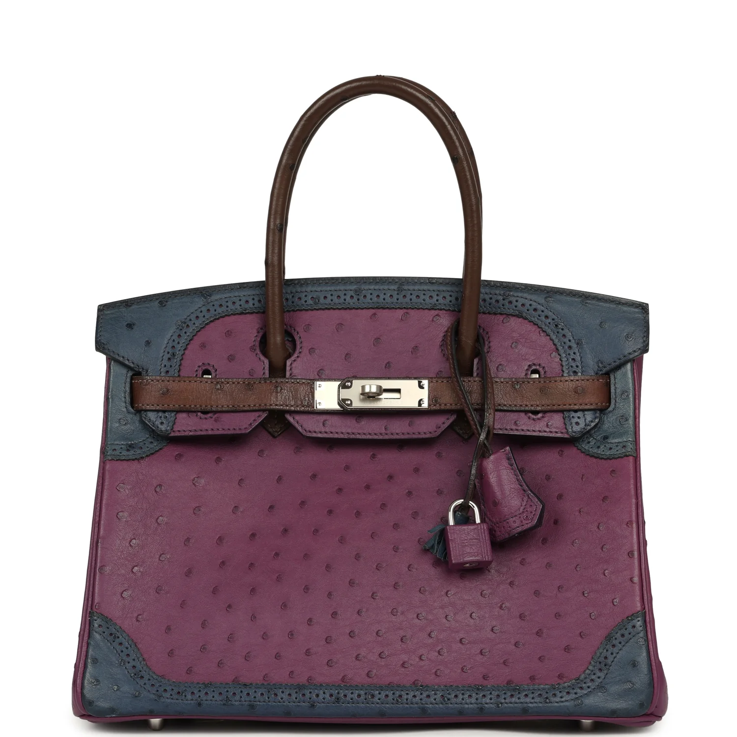Hermes Birkin Ghillies 30 Violet, Bleu De Malte, Chocolat Ostrich Palladium Hardware