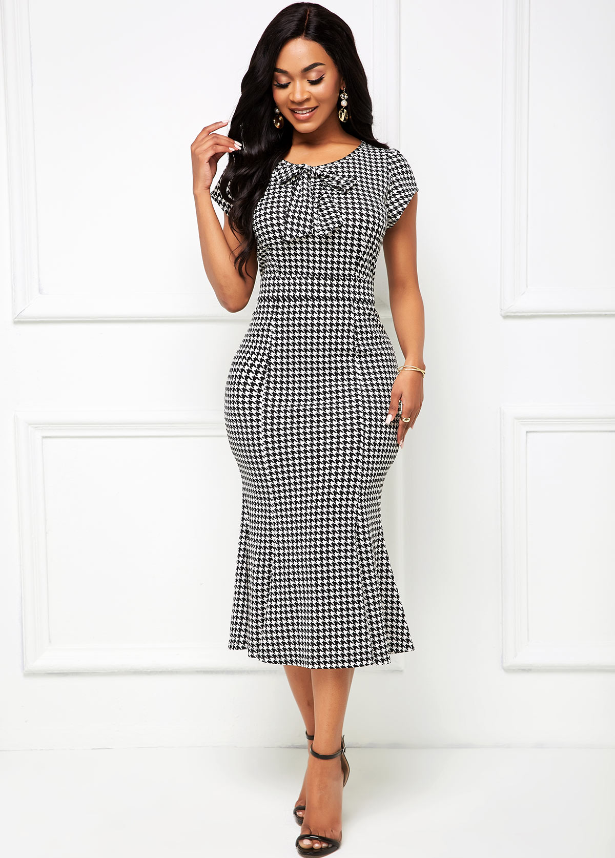 Houndstooth Print Bowknot Detail Mermaid Dress