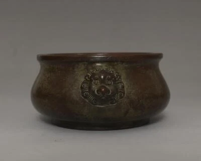 Old Chinese Bronze Incense Burner Carved With Lion Chen Qiaosheng Marked