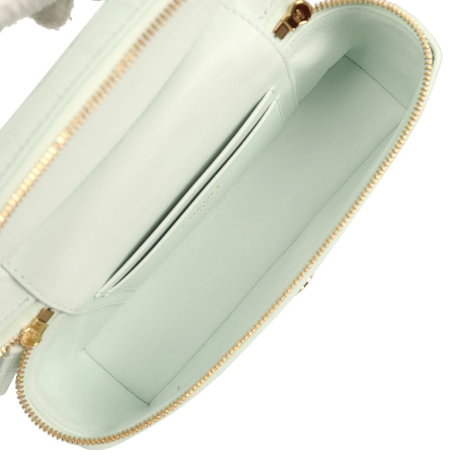 Chanel Top Handle Long Vanity Case with Chain Mint Croc Embossed Calfskin Gold Hardware