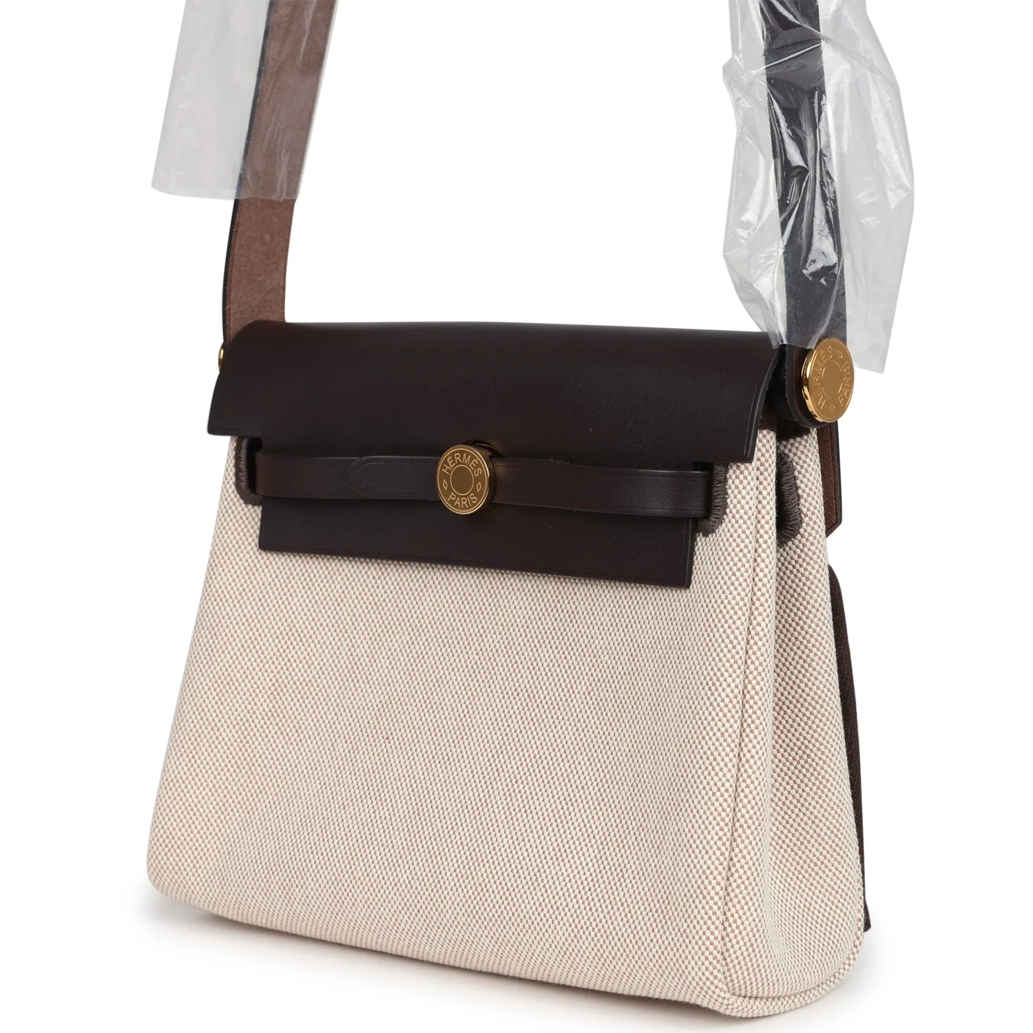 Hermes Herbag Zip 20 Mini Ecru, Beige Toile H Canvas, Ebene Vache Hunter Gold Hardware
