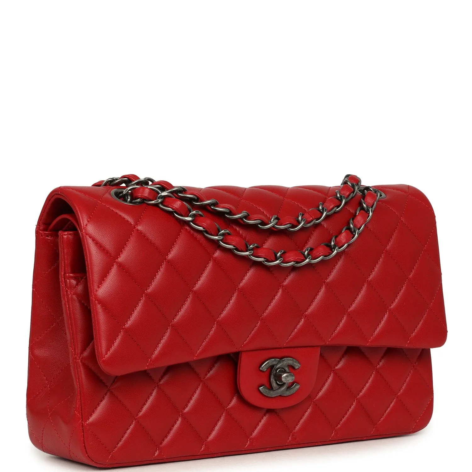 CHANEL Medium Classic Double Flap Bag Red Lambskin Aged Ruthenium Hardware
