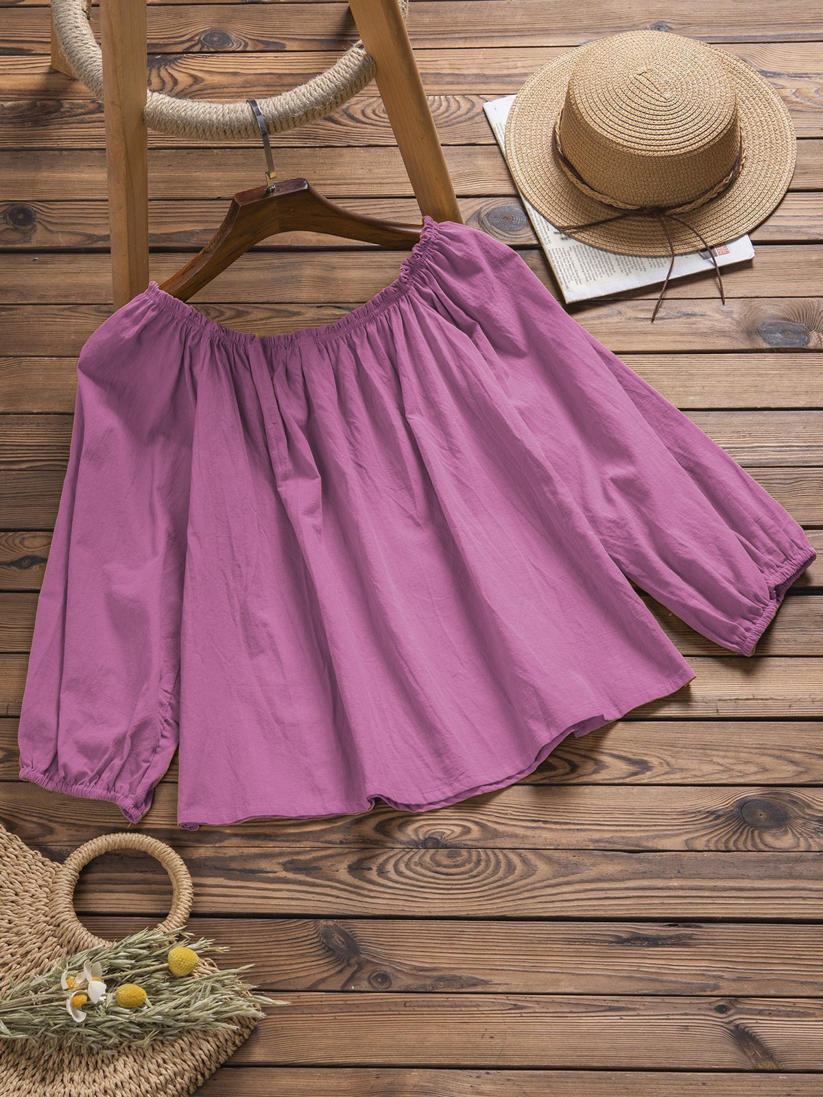 Casual Off Shoulder Long Sleeve Solid Shirts & Tops