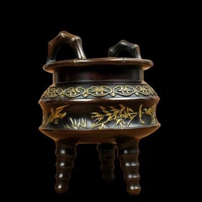 Xuande Signed Old Chinese Red Copper Handmade Incense Burner w/bamboo N3798