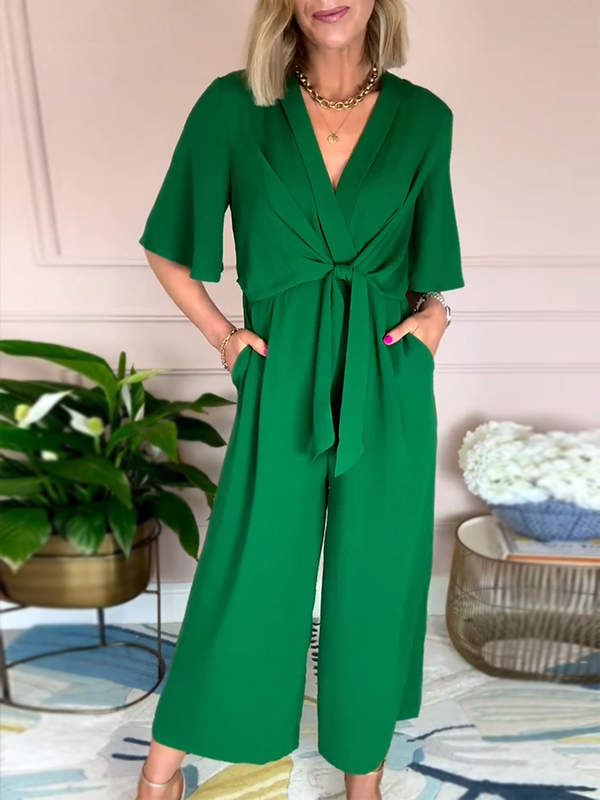New🔥 V Neck Front Tie Jumpsuit- Tax Free