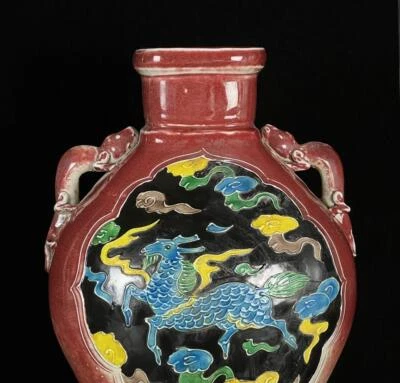 36CM Neifu Signed Old Chinese Red Glaze Three Color Vase W/phoenix N683