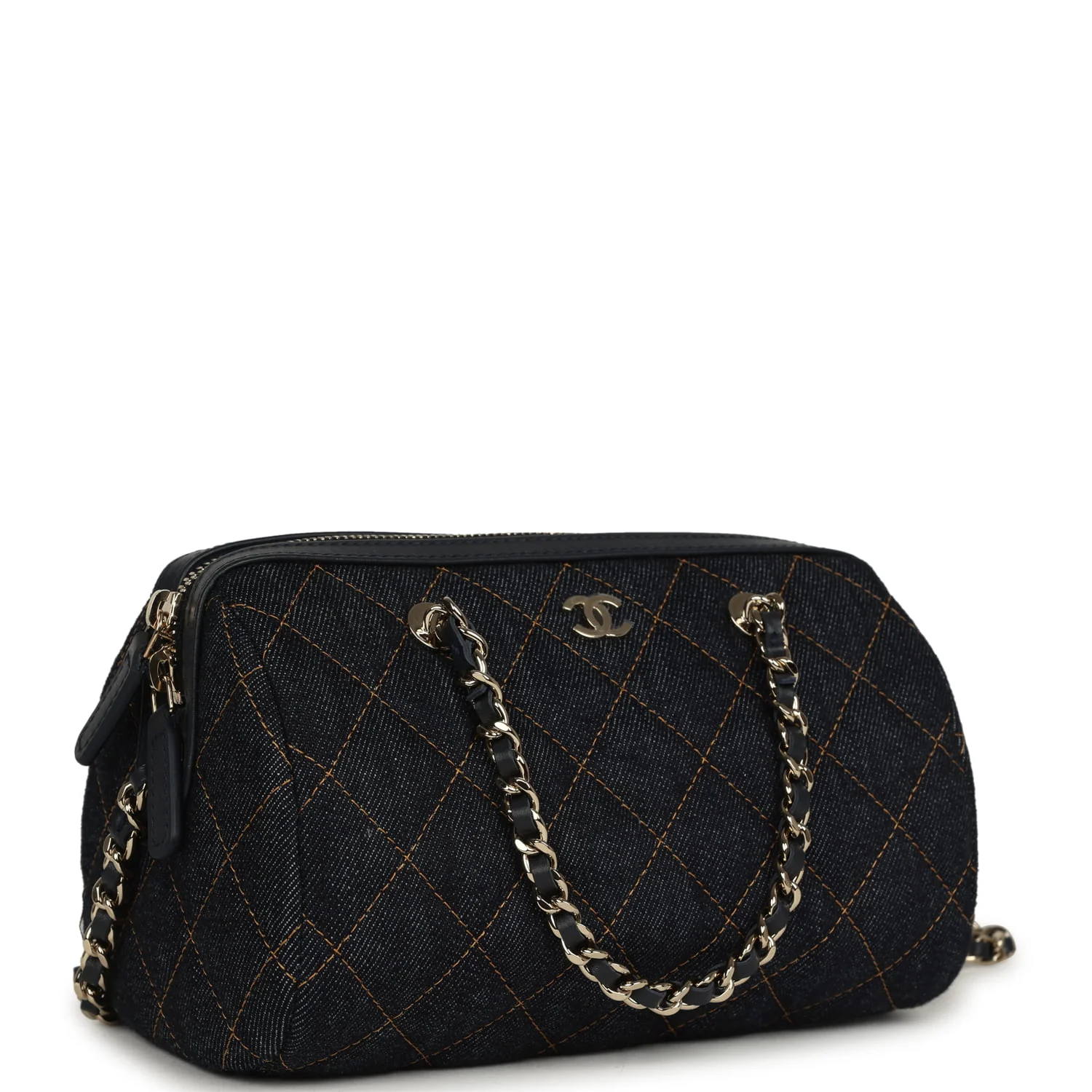 Chanel Mini Timeless Classic Barrel Bag with Chain Dark Blue Denim Light Gold Hardware