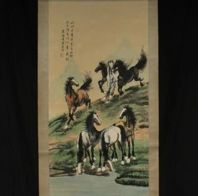 Xu Beihong Signed Chinese Hand Painted Calligraphy Scroll w/horse