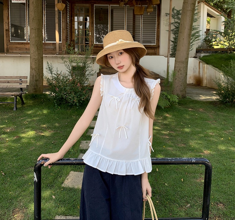 Round neck loose shirt bow sleeveless tops for women