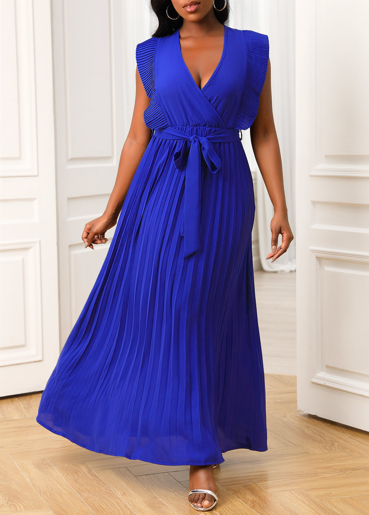 Royal Blue Ruffle Sleeve Belted Dress