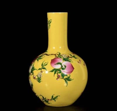 37CM Yongzheng Signed Old Chinese Colour Enamel Vase W/peach N3385