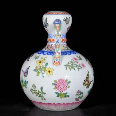 Yongzheng Signed Old Chinese Colour Enamel Vase Zun W/butterfly N3711