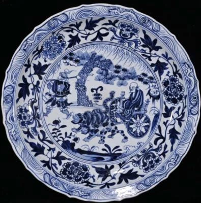 40CM Zhizheng Signed Old Chinese Blue and White Dish Plate W/figure N223