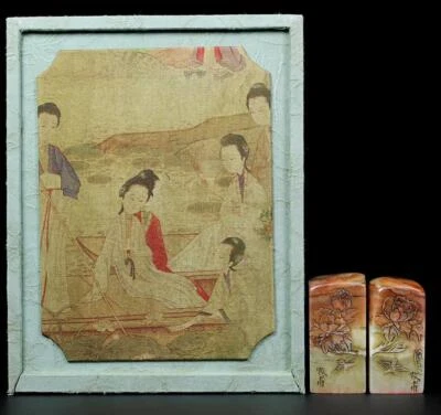 219G Pair Old Chinese Shoushan Stone Seal Stamp Statue w/flower N970