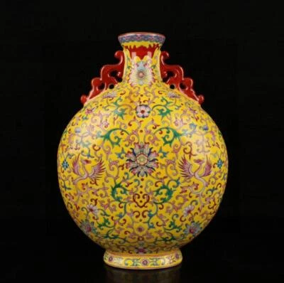 37CM Qianlong Signed Old Chinese Colour Enamel Vase W/flower N1436