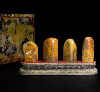 1084G Four Old Chinese Shoushan Stone Seal Stamp Statue w/flower N1242