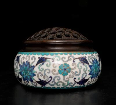 Qianlong Signed Chinese Bronze Cloisonne Enamel Incense Burner w/flower N2677