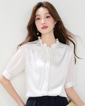 Organ pleated sleeve tops white satin shirt for women
