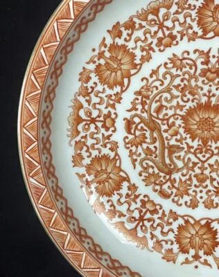 30CM Qianlong Signed Old Chinese Iron Red Dish W/flower N858