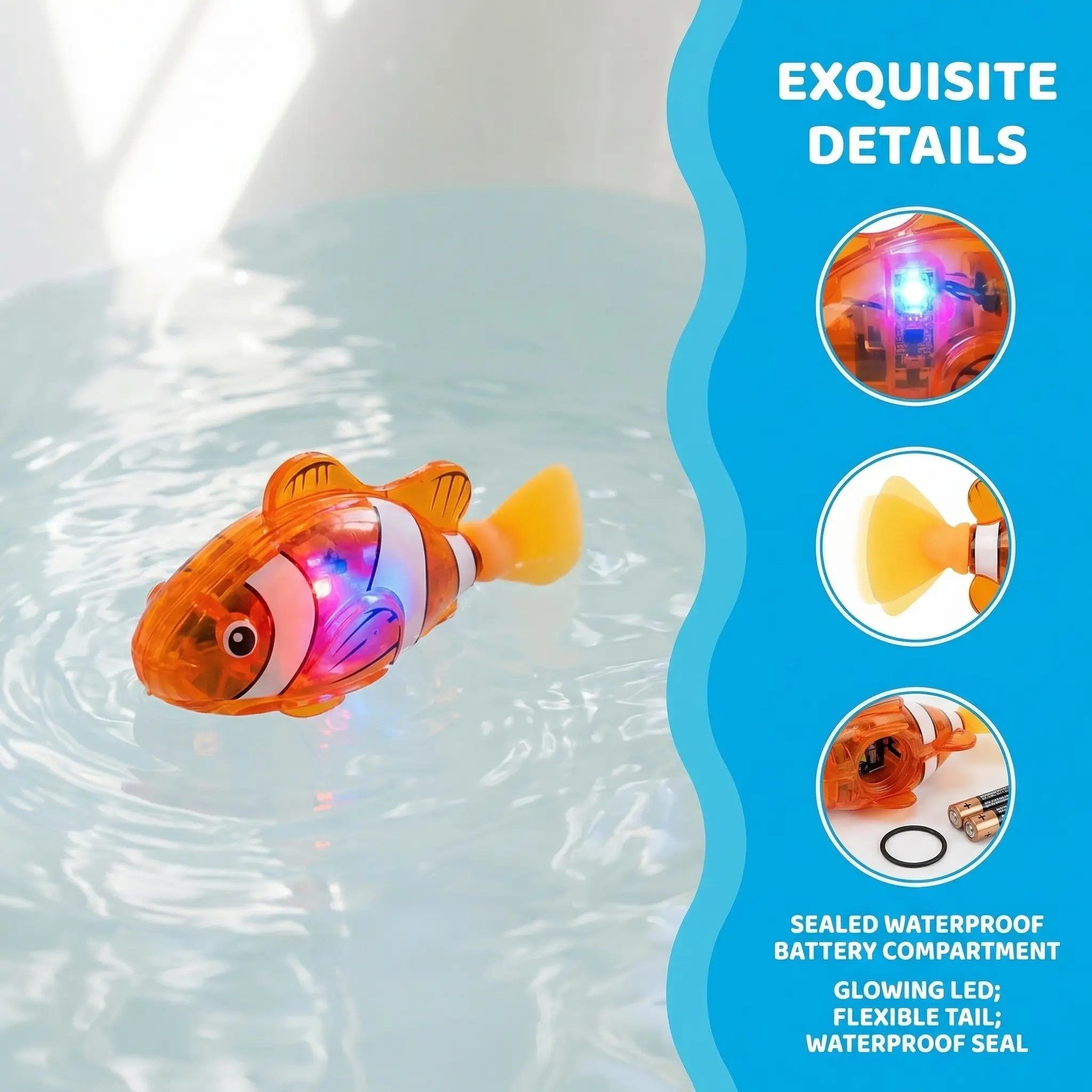 Electronic Pet Fish Bath Toy, Induction Activated LED Light Up Swimming Fish, Waterproof Interactive Robot Clown Fish Toy with Slow Swaying Movement for Baby Toddlers Bath Time