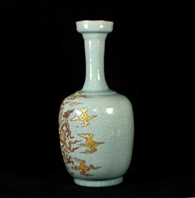 29CM Qinglongsi Signed Old Chinese Ru Yao Ru Kiln Vase w/dragon N2964