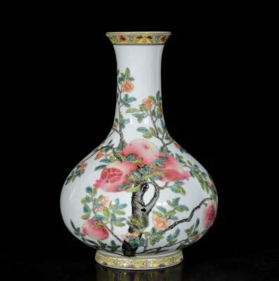 Pair Yongzheng Signed Old Chinese Colour Enamel Vase W/ pomegranate N3120