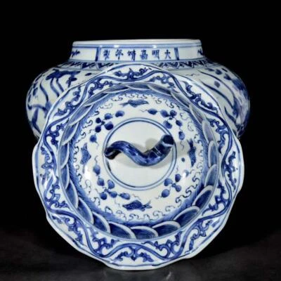 35CM Jiajing Signed Old Chinese Blue and White Lid Pot W/fish N3278
