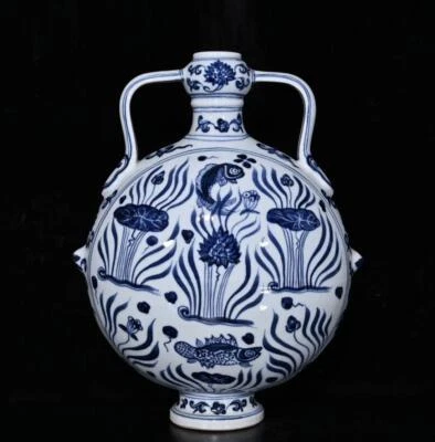 30CM Xuande Signed Old Chinese Blue and White Vase W/fish N424
