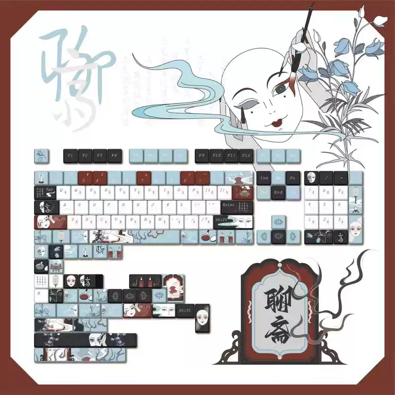 Liaozhai Double-Printed Shine-Through Keycap Set – Cherry Profile PBT 5-Side Dye-Sublimation Mini Kit – Compatible with Mad Catz & Wooting